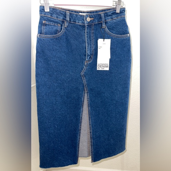 Zara Dresses & Skirts - Zara Blue Denim Midi Skirt with Front Slit